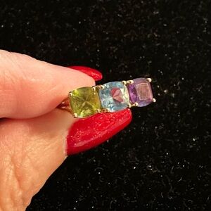 10k Gold Ring W/ Peridot, Blue Topaz & Amethyst Stones Sz 6.5